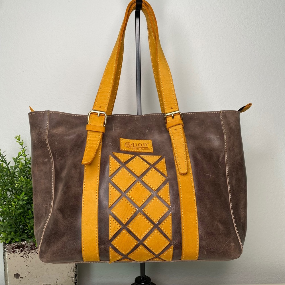Lion Ethio Leather Tote Bag‎ Brown Mustard Yellow Geometric Artisan Shoulderbag